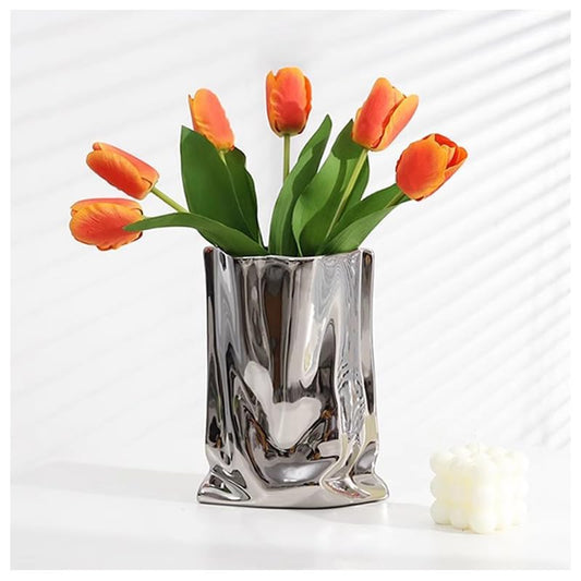 Ceramic Silver Flower Vase, Crinkle Paper Shape, Metal Decorative Home Accent (Large) - size: Large