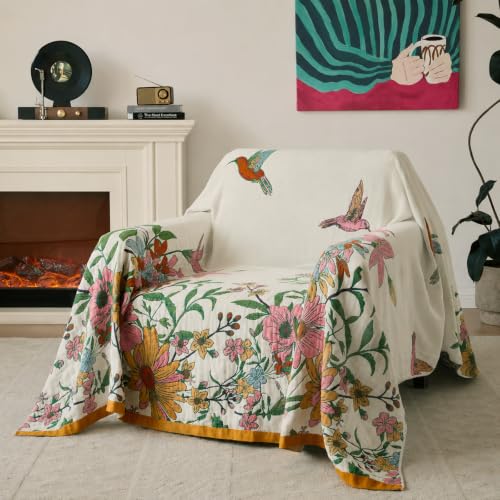 Boho Throw Blanket, 100% Soft Cotton Floral Quilt, Throw 50"x 60" - color: Plain Bird, size: Throw 50"x60"