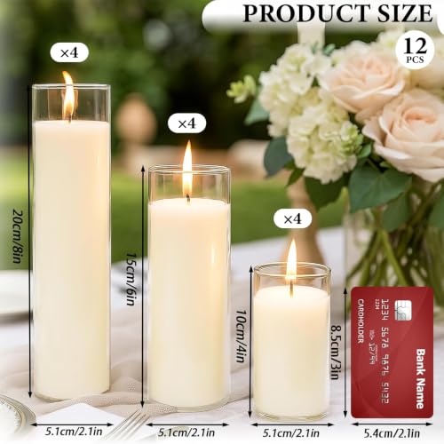12 PCS Pillar White Candles in Glass,Hurricane Candles,Wedding Cylinder Candle,3 Different Lengths 2 x 3/6/8 Inch (4 Each),Creating an Atmosphere Suitable for Various Outdoor Activities. - size: 12