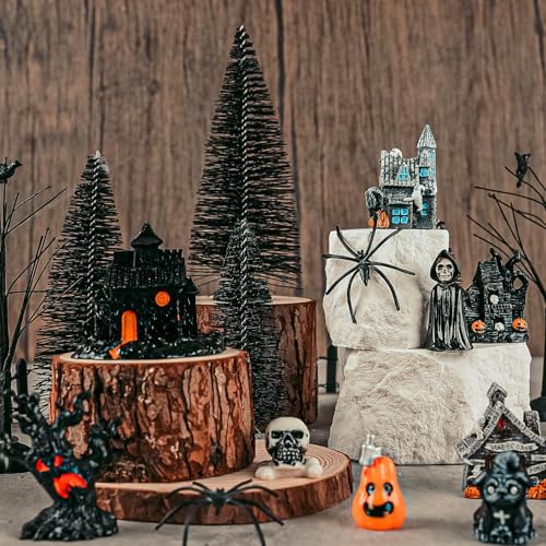 YLOLUL 30 Pcs Halloween Village Ornaments Accessories Figurines Town Miniatures Include Trees Pumpkins Black Dog Crows Skeletons Houses Wizard Bat for Halloween Village & Party Table Decorations - color: Halloween Village