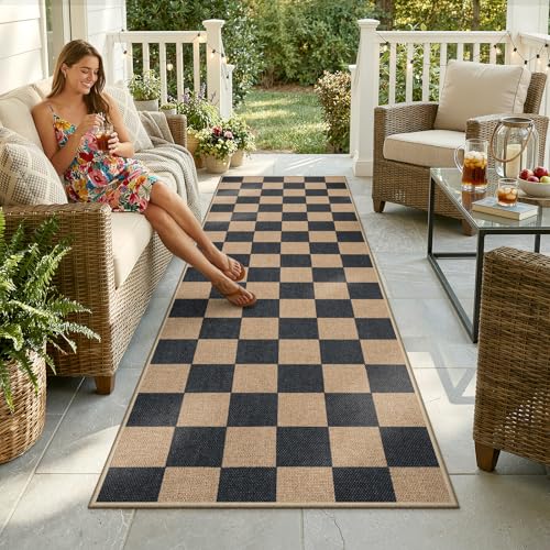 Lahome Checkered Easy Jute Kitchen Runner Rug, 2x8 Outdoor Rugs Washable - color: Black/Checkerboard -1, size: 2'6" x 8' (Runner)