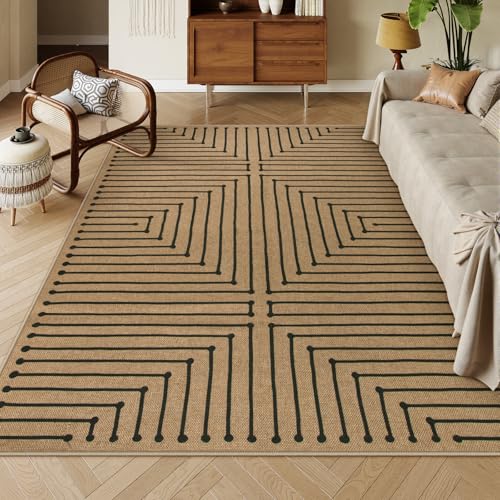 Lahome Tan Rug for Living Room,Geometric 8x10 Washable Nature Easy Jute Rug - color: Brown and Black-rhombus, size: 8 x 10 feet
