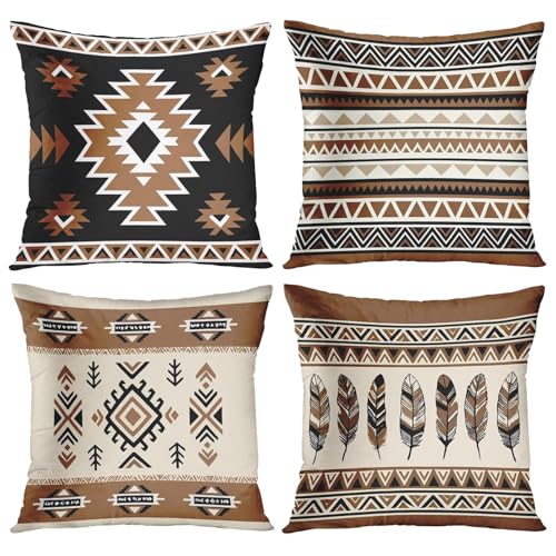 Throw Pillow Covers, Geometric Feather, Set of 4, 18"x18" - color: Tribal Geometric 4