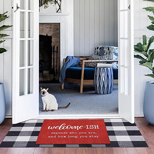 JJUUYOU Welcome Mats for Front Door Outdoor Entry Funny Welcome Ish Depends Who You are Doormat Non Slip Rubber Mat for Home Indoor Farmhouse Funny Kitchen Mats Patio - color: Welcome Ish-red, size: 18" x 28"