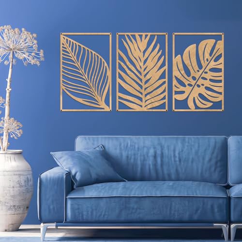 Resama 3 Pack Wooden Metal Monstera Palm Leaf Wall Decor - color: Oak