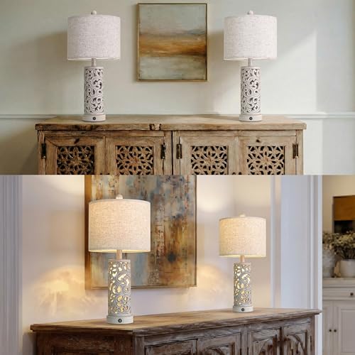 OYEARS Bedside Table Lamps Set of 2 with Night Light, 22'' Distressed Grey - color: Vintage Grey