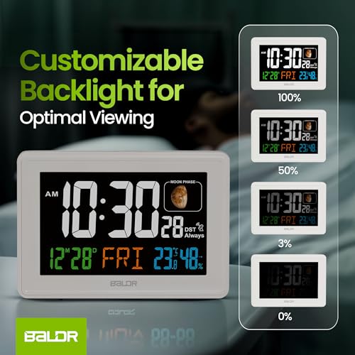 Baldr Digital Alarm Atomic Clock, 7'' Display with Adjustable Brightness - color: White