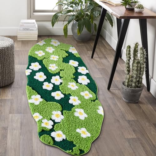 Cute Green Floral Bathroom Runner Rugs Extra Long Bath Mat 24''W x 60''L Non Slip Washable, Modern Chic Boho Aesthetic Trendy Funky Grass Throw Runner Rugs for Kitchen Bedroom Entryway - size: 24''W x 60''L