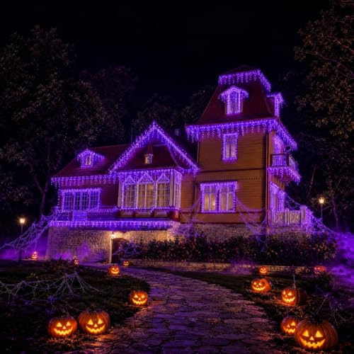 FLVOECN 720 LED 65FT Purple Halloween Ice Lights, Plug in Timer 8 Modes - color: Champagne