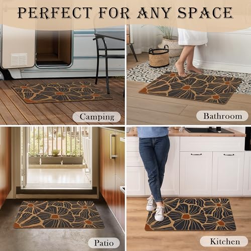 Boho Abstract Floral Door Mat,Mid Century Modern Black Flower Front Door Mat Rug Outdoor Indoor Entrance, Retro Bohemian Botancial Artificial Coir Doormat for Porch Patio, 30x17 Inch