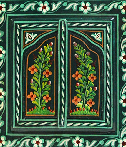 Moroccan Wall Mirror with Doors Hand Painted Arabesque Handmade Decor Small Green
