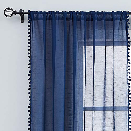 Pom Pom Navy Blue Sheer Curtains for Bedroom 52x84" Linen Textured Drape 2 - color: Classic Blue, size: 52"W x 84"L (Pack of 2)