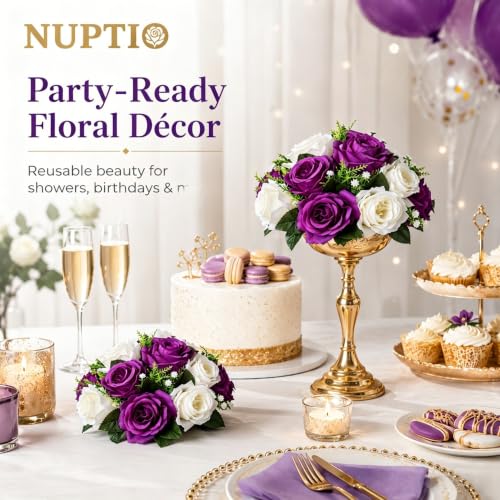 NUPTIO Flower Balls Centerpieces for Tables: Purple & White Fake Roses - color: Purple & White, size: 2 Pcs
