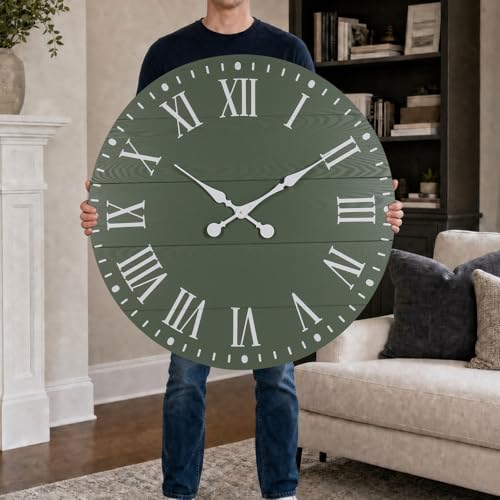 Large Wall Clock with Roman Numeral, 35.5” Shiplap Farmhouse Hanging Clock - color: Green, size: 35.5 Inch