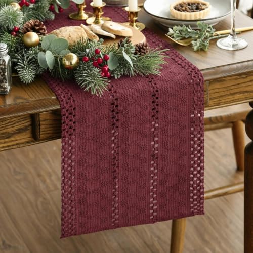 Artoid Mode Red Woven Farmhouse Hollow Table Runner 12x36 Inch - color: Red, size: 12" x 36", Table Runner