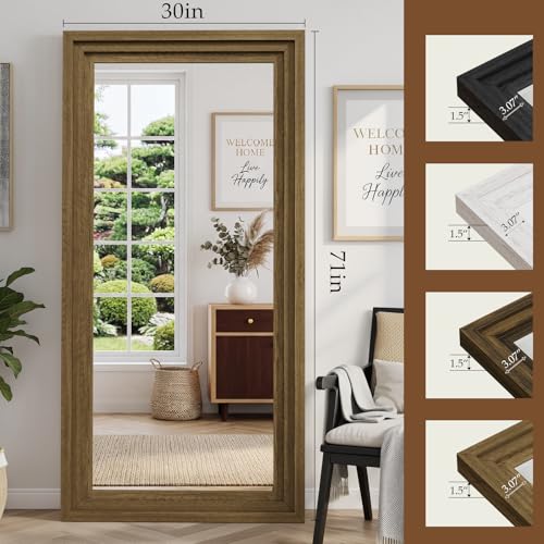 Wood Full Length Mirror 71"x30", Large Solid Wood Frame Floor Mirror - color: Light Brown, size: 71"L x 30"W