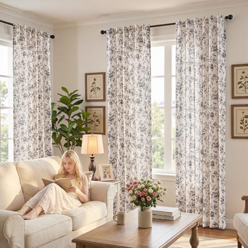 jinchan Custom Size Curtain Black Floral Linen Curtain Back Tab 1 Panel - color: Amlie Black, size: Custom