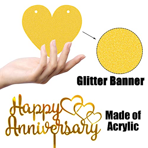 Happy Anniversary Decorations, Glitter Gold Black Happy Wedding Decorations Sets with Banner, Cake Topper, Glitter Hanging and Balloons for All Ages' Anniversary Party Decorations