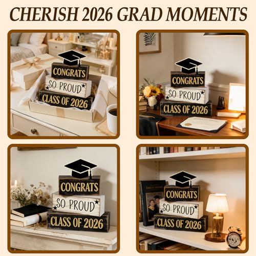 2026 Graduation Table Decorations Class of 2026 Senior Tiered Tray Decor Wooden Cap Block Signs Farmhouse Congrats Grad Tabletop Party Centerpiece for Tables Wooden Sign for Home Decor - style: Cap