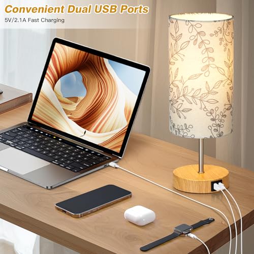 CINSARY Bedside Touch Lamps for Nightstand with 2 USB Charging Ports, 3 Way Dimmable Wood Bedroom Lamp with Flower Fabric Shade, Small Table Lamp for Living Room Reading Desk (LED Bulb Included) - color: Flower3-15" H
