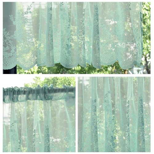 Molaxhome Kitchen Curtains Valance Blue Lace Floral Semi Sheer Curtain - color: Blue-green, size: 51"W x 16"L (Pack of 1)