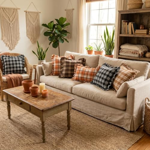 Chocolate Dark Brown Tartan Plaid Fall Cute Throw Pillow Covers 18x18 - color: Chocolate Ruffled Plaid Throw Pillow Covers, size: 18" x 18" (Pack of 2)