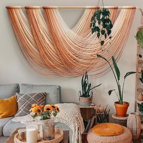Macrame Wall Hanging Orange Boho Fiber Art Large Decor 57"W*31"L - color: Orange