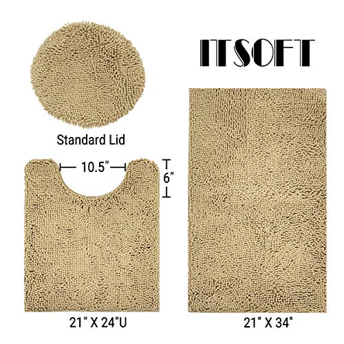 ITSOFT Standard 3pc Non-Slip Shaggy Chenille Bathroom Mat Set, Includes 24"x21" U-Shaped Contour Toilet Rug, 34"x21" Inches Bathmat and 1 Toilet Lid Cover, Beige - color: Beige, size: 24''x21’’, 34’’x21’’ and TLC (Set)