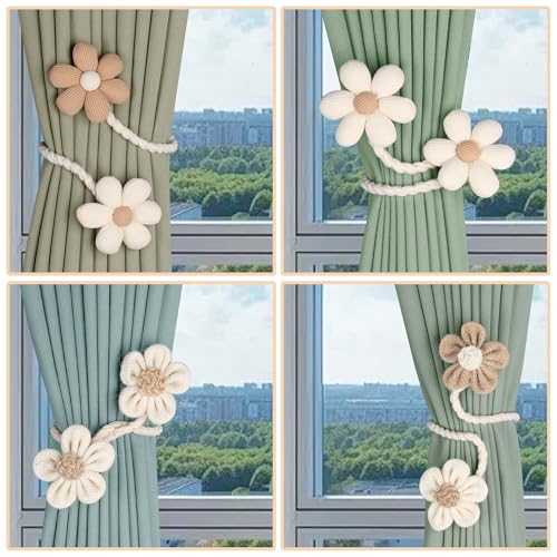 Meplait 2 Pack Flower Curtain Tiebacks, Boho Tie Backs for Curtains, Beige - color: B Flower-beige