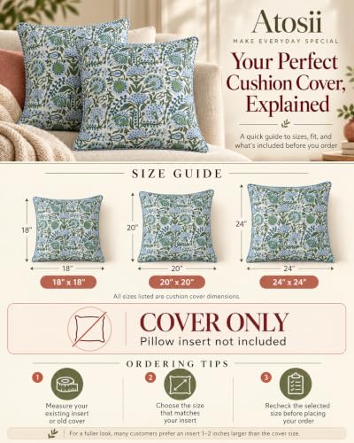 ATOSII Cotton Blockprint Throw Pillow Cover, Clover Blue, Set of 2, 18 X 18 - color: Clover Blue, size: 18" x 18" (Pack of 2)