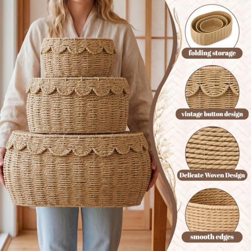 Newtay 3 Pcs Large Scalloped Wicker Rattan Storage Baskets with Lid