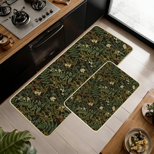 Green Rug,Plant Leaf Kitchen Mats for Floor,Botanical Print Kitchen Rug Set of 2 Washable Floor Mats Rubber Rugs Runner Standing Mat Non Slip Rugs Runners for Sink,Dishwasher,Desk,17x29+17x47 inch - color: Green