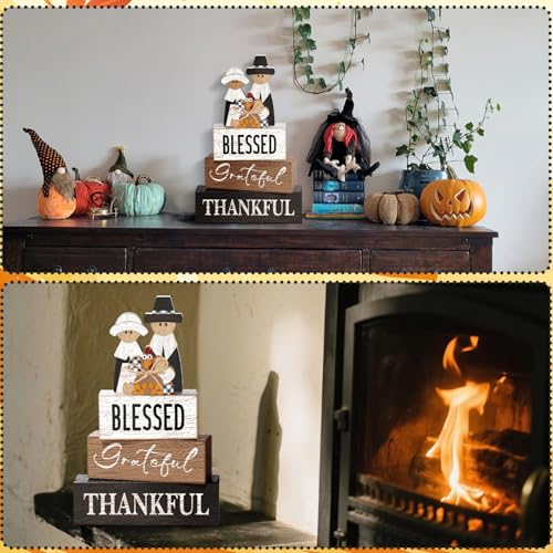 4 Pcs Thanksgiving Decor for Home Pilgrim Couple Wooden Signs with Turkey - style: Pilgrim
