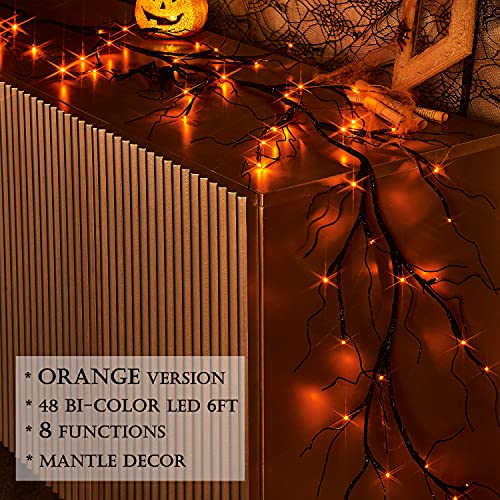 LITBLOOM Lighted Black Glittered Garland with 48 Orange and Purple Bi-Color Lights, Halloween Garland with Lights 8 Functions 6FT Battery Operated for Home Party Halloween Decoration Indoor Outdoor - style: Black Glitter
