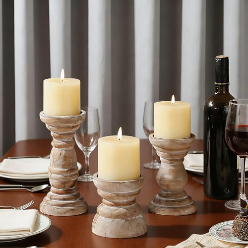 Rustic Wooden Pillar Candle Holders Set of 3 InDistressed Brown, Florence Style, Farmhouse Wooden Candle Holder, Wooden Candle Stand, Small Wooden Candlestick Holders, Living Room, Table Centerpiece - color: Rustic Brown
