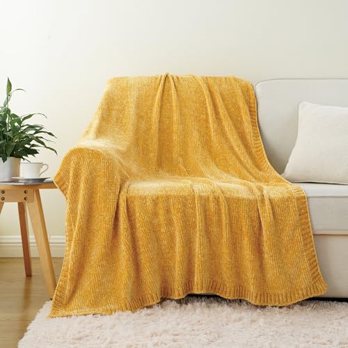 Mustard Yellow Throw Blanket for Couch, Chenille Throw Blanket 51"x67" - color: Mustard Yellow