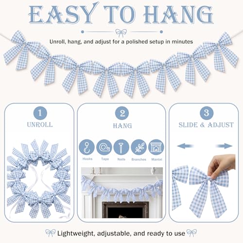 Flutesan 8 Ft Sky Blue Gingham Bow Garland Fabric Banner Farmhouse Decor - color: Sky Blue, style: Gingham