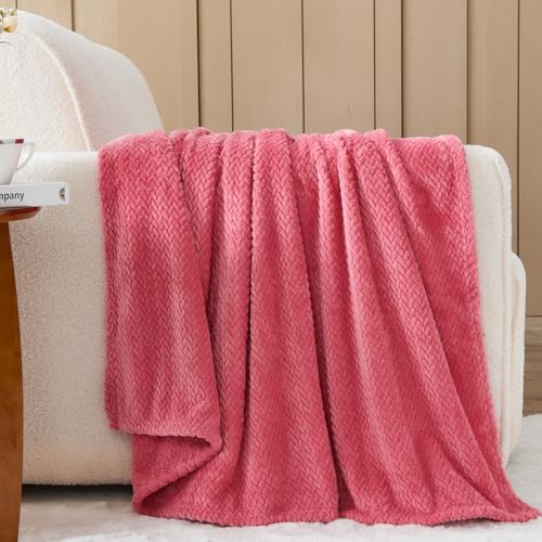 NEWCOSPLAY Fleece Leaves Pattern Twin Blanket, Coral Pink, 60"x80" - color: Coral Pink, size: Twin(60"x80")