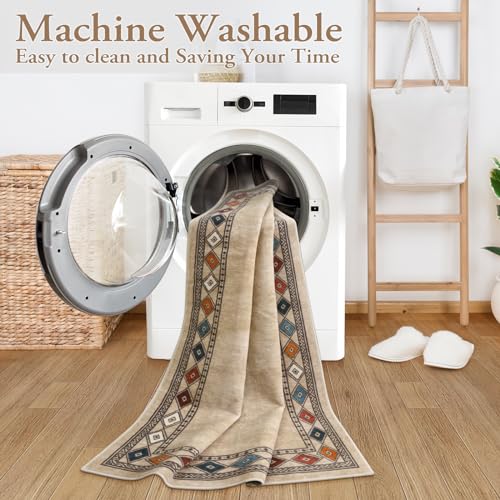 Lahome Modern Bordered Machine Washable Rug, Ultra-Thin Soft 3x5 Rugs for Entryway Bedroom, Non-Slip Stain Resistant Small Carpet for Laundry Entry (3'x 5',Beige) - color: Beige, size: 3' x 5'