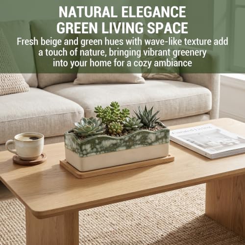 MyGift Beige Green Ceramic Glazed Rectangular Succulent Planter Pot - size: 10 Inch