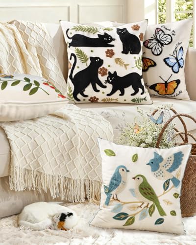 Animal Embroidered Throw Pillow Cover 18x18 Inch, Black Cat Leaves - color: Cat Leaf, size: 18" x 18" (Pack of 1)
