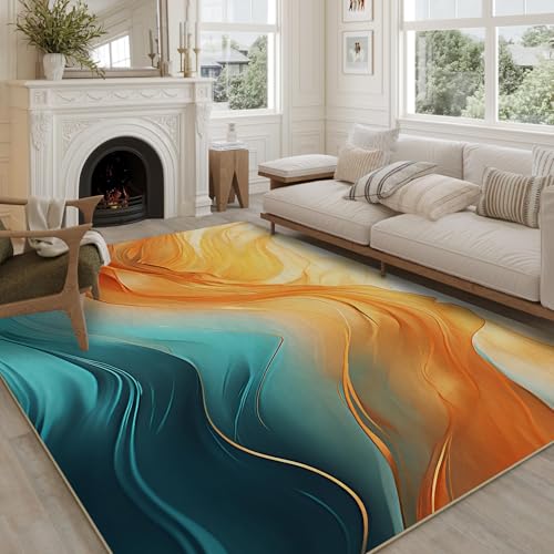 Orange Teal Area Rug for Living Room 5'x7' Turquoise Marble Decor - color: Orange Teal, size: 5' x 7'