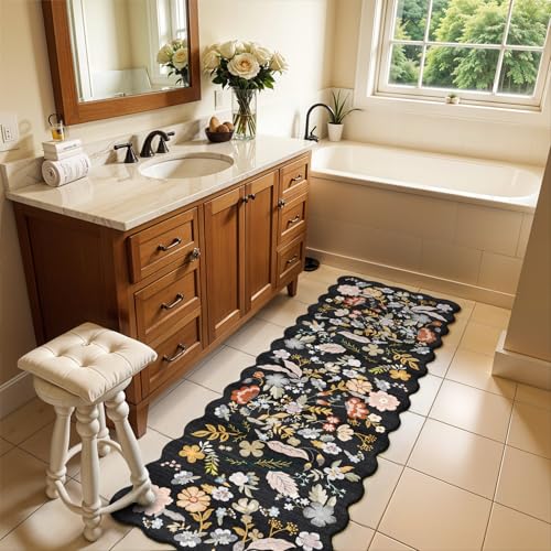 2x6 Scalloped Hallway Runner Rug: Non-Slip Washable Floral Area Rug Black - color: Black, size: 2' x 6' (Runner)