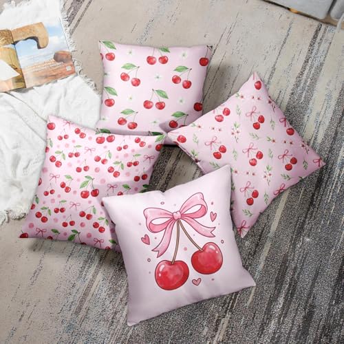 Throw Pillow Covers, Pink Kawaii, Set of 4, 18"x18" - color: Coquette Cherry