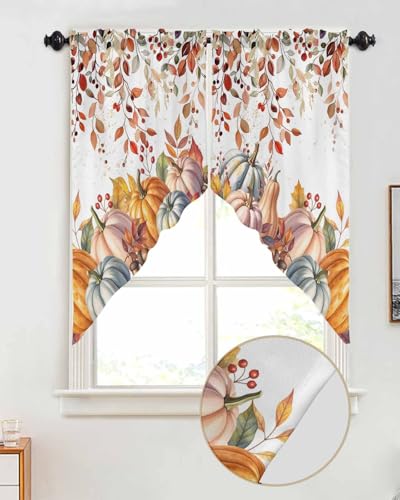 Fall Orange Pumpkin Swag Valances Kitchen Curtains 36 Inches Length,Thanksgiving Watercolor Eucalyptus Tier Drapes Swag Topper,Autumn Leaves Floral Short Window Treatment for Window 2 Panels 28"x36" - color: Orange Brown, size: 28"W x 36"L (Pack of 2)