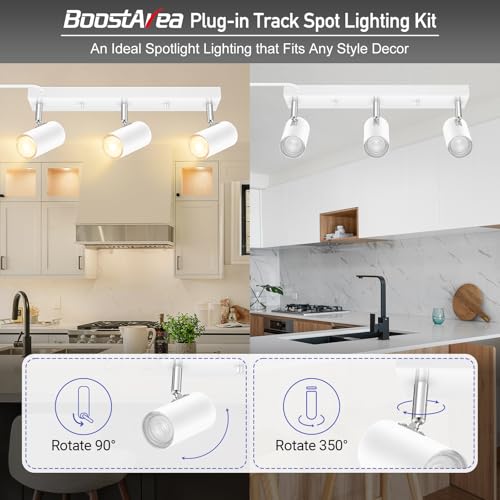 Plug in Track Lighting, 3 Light Ceiling Lighting Kit, White 3 Way Modern Wall Spotlight, 15 FT Cord,Flexibly Rotatable Complete Light Kits for Kitchen Cabinet Gallery Bar Living Room(No Bulb) - color: White