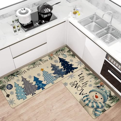 Winter Kitchen Rugs and Mats Set of 2,Let It Snow Snowman Blue Christmas Pine Trees Balls Ornament Snowflakes Winter Holiday Sink Mat Non Skid Washable for Home Farmhouse Floor Decor 17"x48"+17"x30" - color: 2026 Christmas Kitchen Mat 2