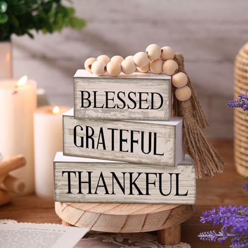 Yuntau 4 Pcs Farmhouse Table Decor Rustic Stacked Wooden Block Sign - style: Blessed