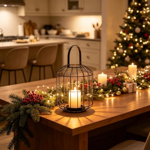 Black Metal Cage Candle Lantern, 10.6" Hanging Pillar Candle Holder, Rustic Farmhouse Lantern Decor for Indoor Outdoor, Vintage Lantern with Handle for Home Wedding Patio Christmas - color: Black