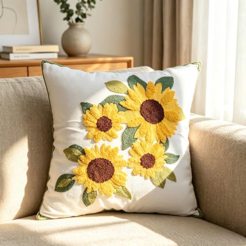Sunflower Floral Spring Embroidered Throw Pillow Cover 18"x18" Set of 2 - color: Sunflower Yellow